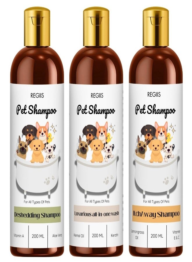 REGIIS Pet Shampoo Set, Deshedding, Luxurious All-in-One Wash, Itch Away Formula, 200 ML Bottles, for All Types of Pets, with Vitamin A, Aloe Vera, Keratin, Lemongrass Oil(3 Pack) - Image 1